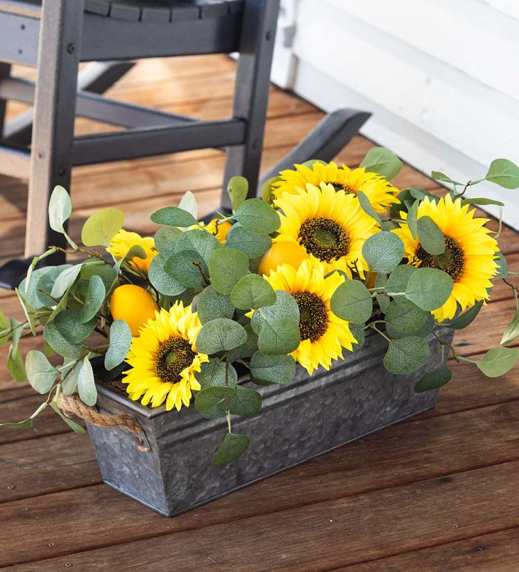 Plow & Hearth articles ménagers Arrangement floral imitation tournesol, citron et eucalyptus dans un pot de fleurs 0BNZ2426