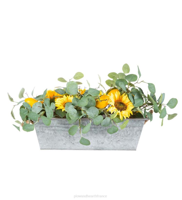 Plow & Hearth articles ménagers Arrangement floral imitation tournesol, citron et eucalyptus dans un pot de fleurs 0BNZ2426