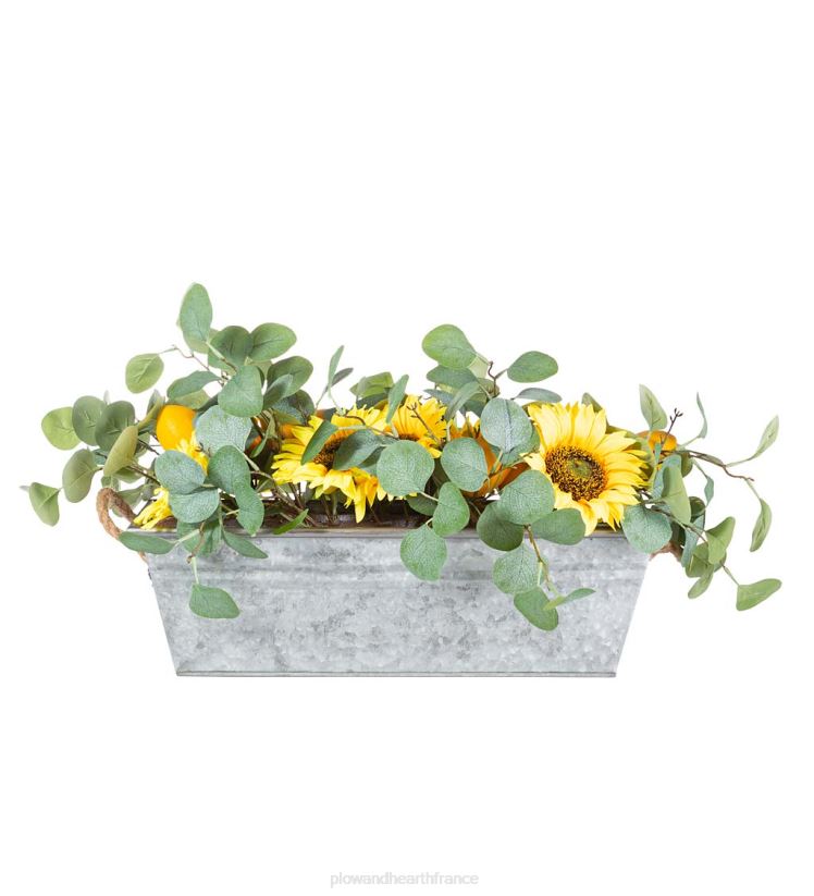 Plow & Hearth articles ménagers Arrangement floral imitation tournesol, citron et eucalyptus dans un pot de fleurs 0BNZ2426