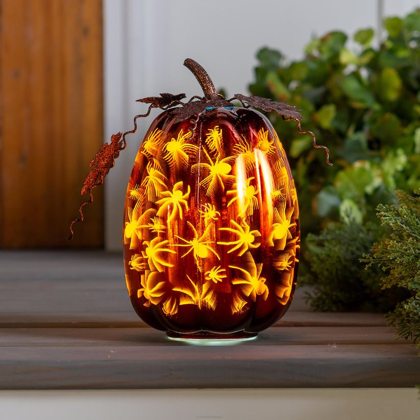 Plow & Hearth articles ménagers accent d'Halloween citrouille éclairée en verre au mercure - toile d'araignée bleue 0BNZ2411