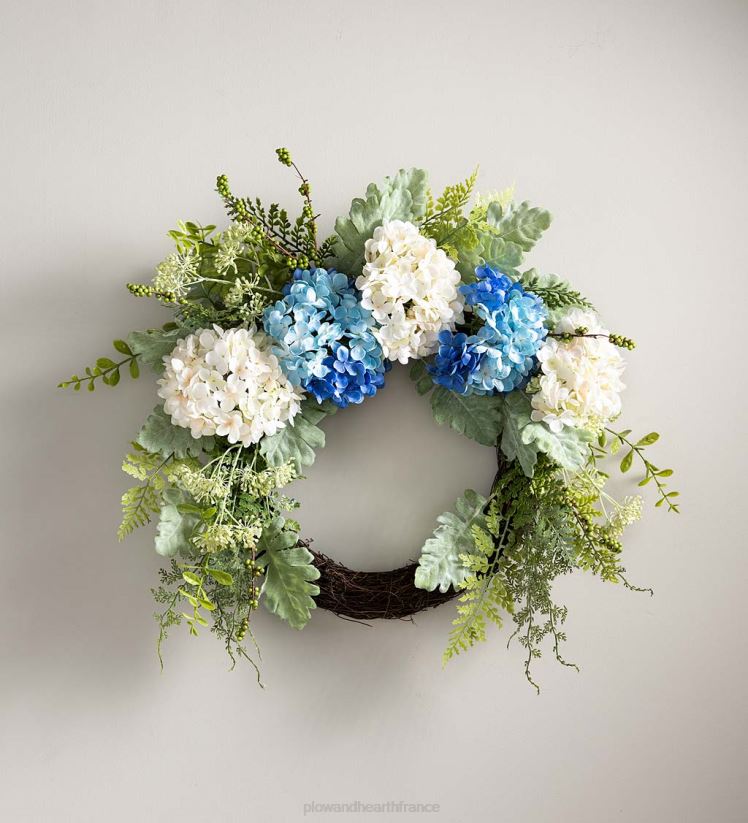 Plow & Hearth articles ménagers couronne d'hortensias synthétiques bleues et blanches avec de la verdure 0BNZ2441