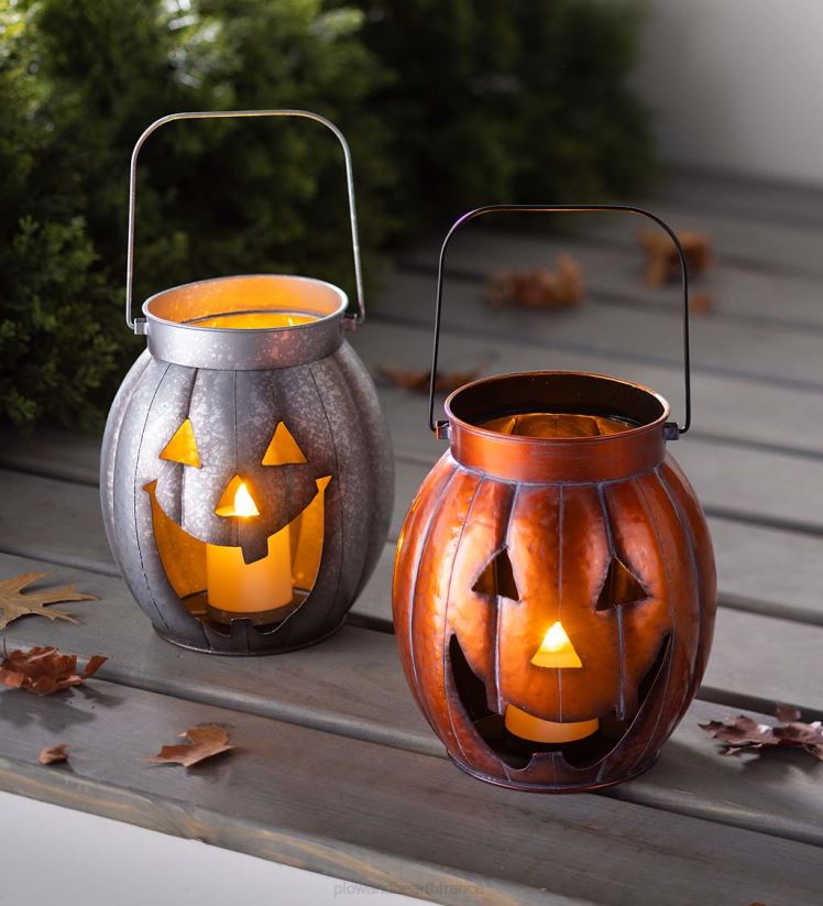 Plow & Hearth articles ménagers lanterne en métal citrouille d'Halloween avec bougie LED vacillante - argent 0BNZ2423