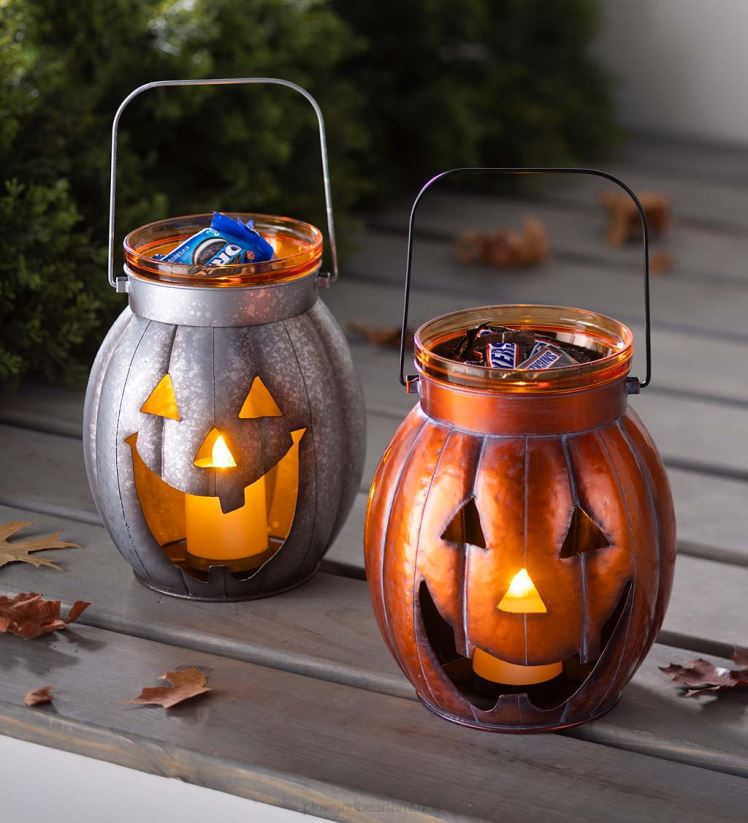 Plow & Hearth articles ménagers lanterne en métal citrouille d'Halloween avec bougie LED vacillante - argent 0BNZ2423