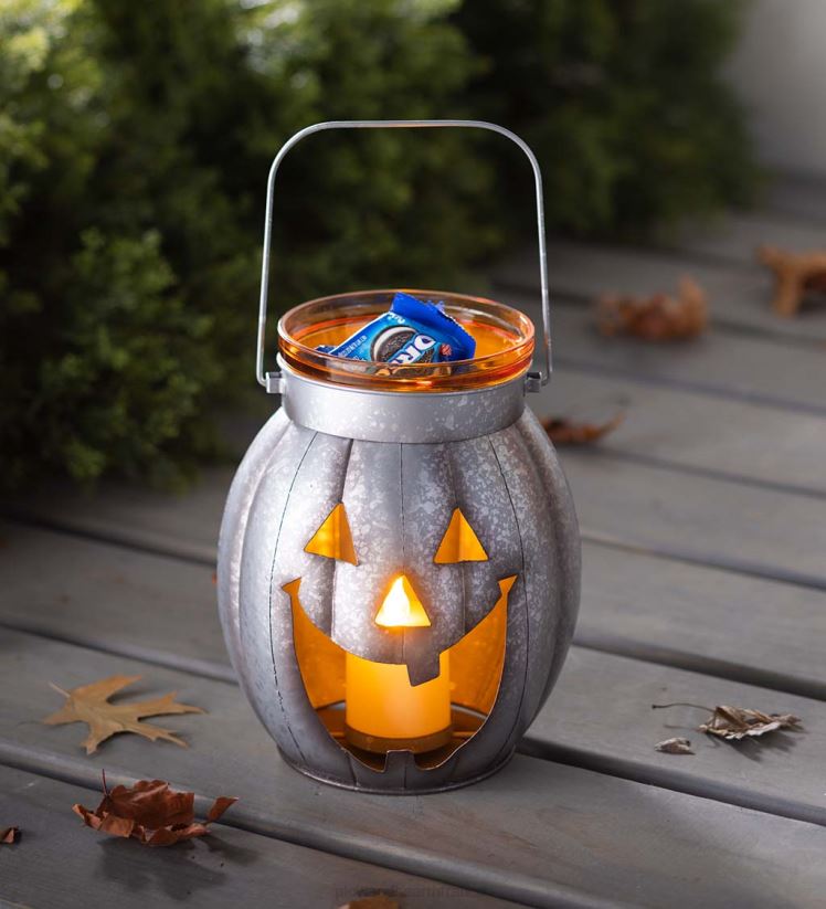 Plow & Hearth articles ménagers lanterne en métal citrouille d'Halloween avec bougie LED vacillante - argent 0BNZ2423