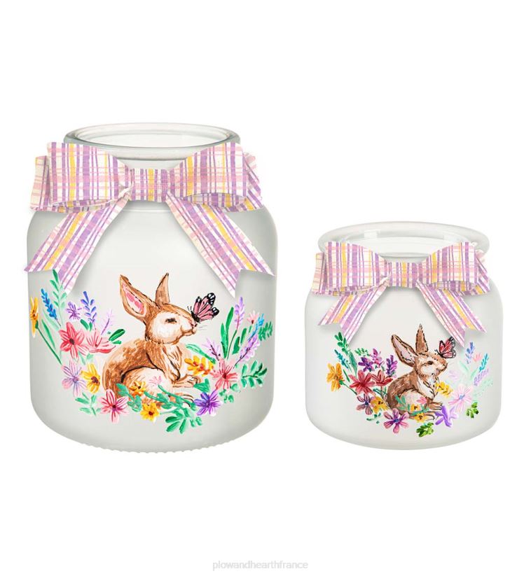 Plow & Hearth articles ménagers pot en verre éclairé avec scène de lapin printanier, lot de 2 0BNZ2395