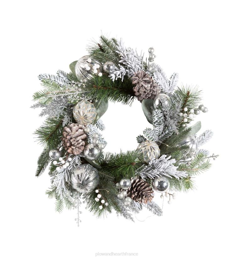 Plow & Hearth articles ménagers couronne de vacances à feuilles persistantes argentée éclairée 0BNZ1712