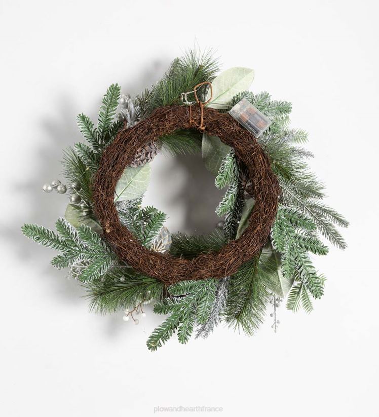 Plow & Hearth articles ménagers couronne de vacances à feuilles persistantes argentée éclairée 0BNZ1712