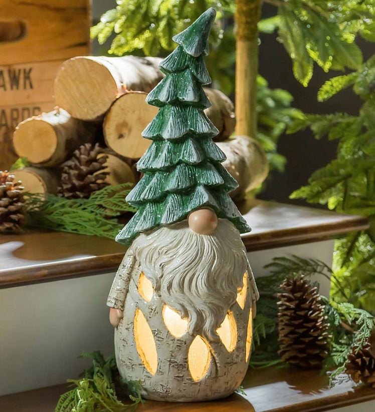 Plow & Hearth articles ménagers Nain de jardin éclairé en bouleau avec chapeau de pin - vert sapin 0BNZ1685