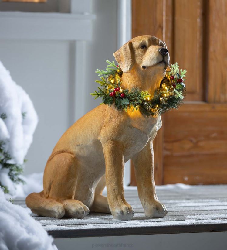 Plow & Hearth articles ménagers statue du labrador jaune avec couronne de vacances éclairée amovible 0BNZ1693