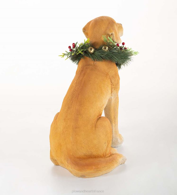 Plow & Hearth articles ménagers statue du labrador jaune avec couronne de vacances éclairée amovible 0BNZ1693