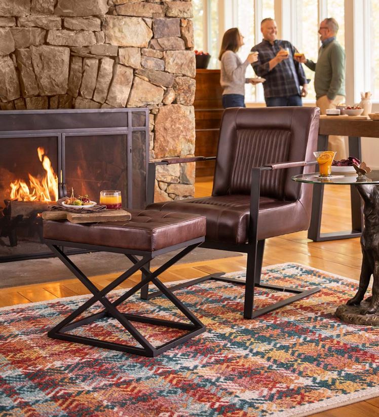 Plow & Hearth articles ménagers pouf henry en cuir et acier - terre de sienne foncée 0BNZ2062