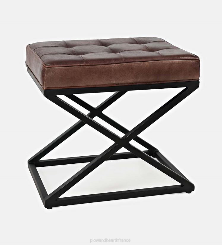Plow & Hearth articles ménagers pouf henry en cuir et acier - terre de sienne foncée 0BNZ2062