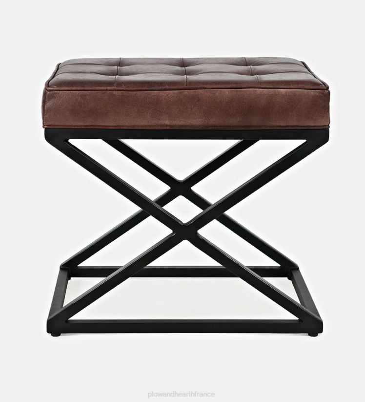 Plow & Hearth articles ménagers pouf henry en cuir et acier - terre de sienne foncée 0BNZ2062