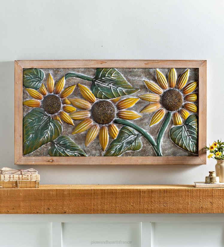 Plow & Hearth articles ménagers décoration murale en métal gaufré tournesol avec cadre en bois 0BNZ2344