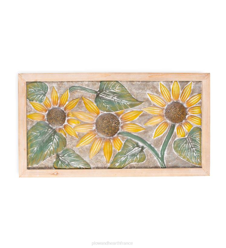 Plow & Hearth articles ménagers décoration murale en métal gaufré tournesol avec cadre en bois 0BNZ2344