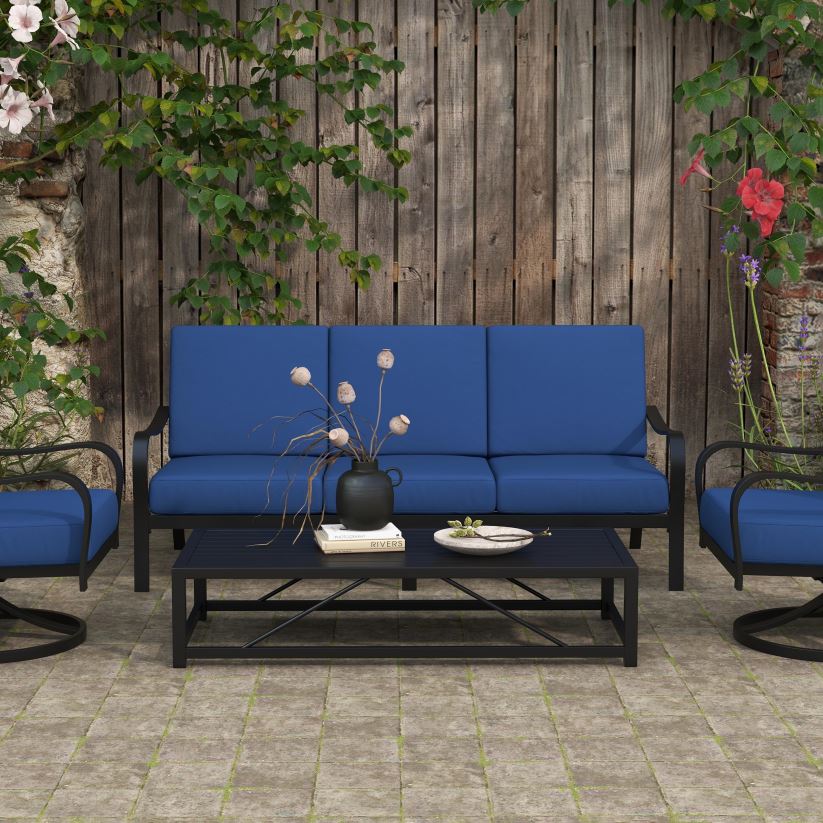 Plow & Hearth articles ménagers Ensemble de canapé Waverly 4 pièces avec coussins - noir avec coussins bleus 0BNZ1170