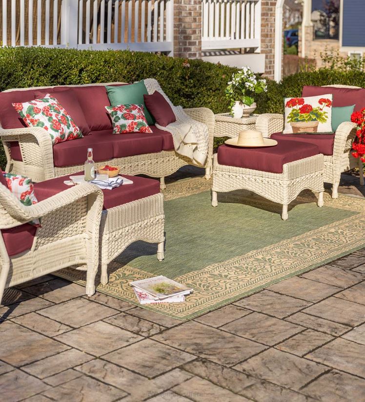 Plow & Hearth articles ménagers Prospect Hill Outdoor Wicker Deep Seat Ottoman avec coussin - Bois flotté avec coussin vert forêt 0BNZ1112