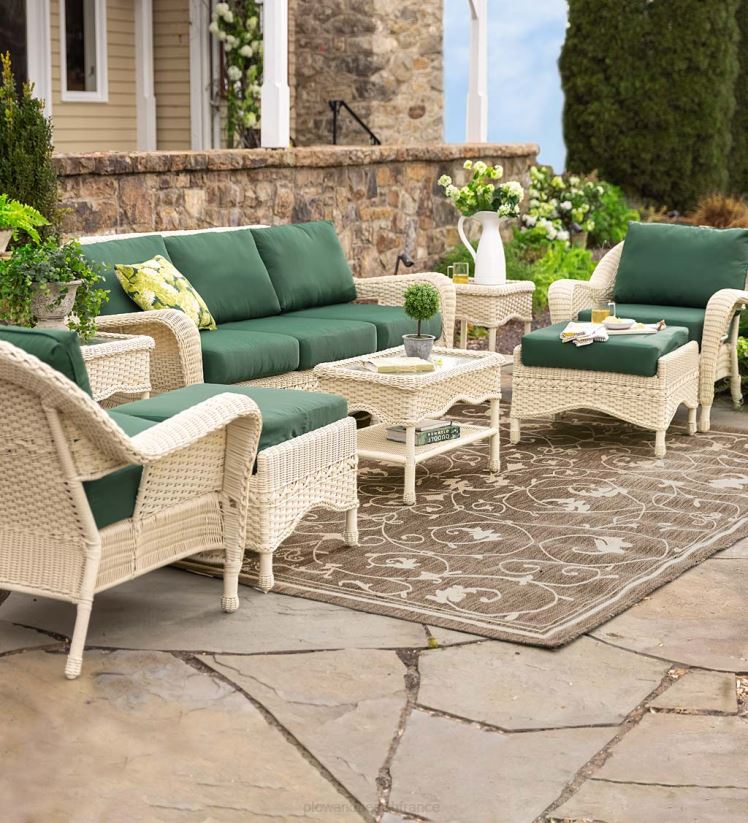 Plow & Hearth articles ménagers Prospect Hill Outdoor Wicker Deep Seat Ottoman avec coussin - Bois flotté avec coussin vert forêt 0BNZ1112