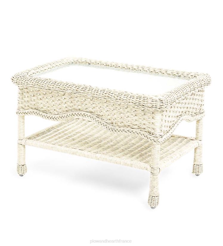 Plow & Hearth articles ménagers Table basse en osier Prospect Hill avec plateau en verre - blanc nuage 0BNZ1135