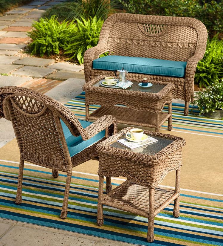 Plow & Hearth articles ménagers Table basse en osier Prospect Hill avec plateau en verre - blanc nuage 0BNZ1135