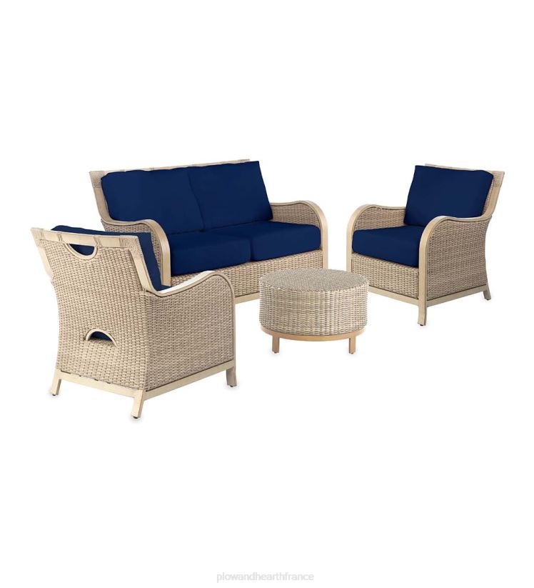 Plow & Hearth articles ménagers Urbanna Driftwood Premium Wicker Ensemble quatre pièces avec coussins – Bleu marine minuit 0BNZ1158