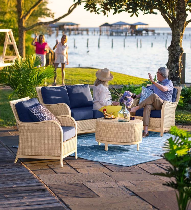 Plow & Hearth articles ménagers Urbanna Driftwood Premium Wicker Ensemble quatre pièces avec coussins – Bleu marine minuit 0BNZ1158