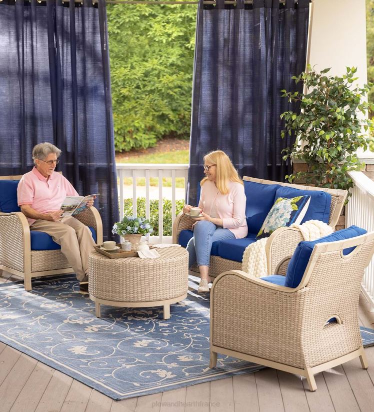 Plow & Hearth articles ménagers Urbanna Driftwood Premium Wicker Ensemble quatre pièces avec coussins – Bleu marine minuit 0BNZ1158