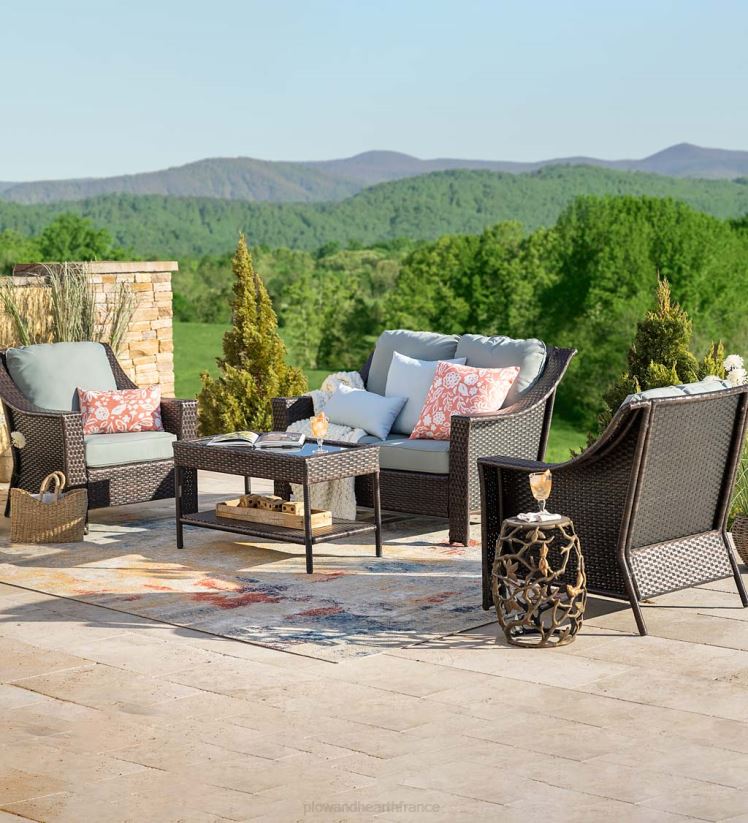 Plow & Hearth articles ménagers ensemble de sièges d'extérieur en osier 4 pièces avec coussins Hawthorne 0BNZ1105