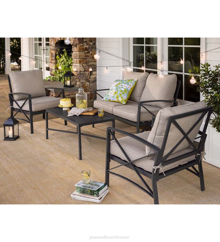 Plow & Hearth articles ménagers sièges de patio extérieurs en fonte d'aluminium arlington avec coussins, ensemble de 4 pièces 0BNZ1140