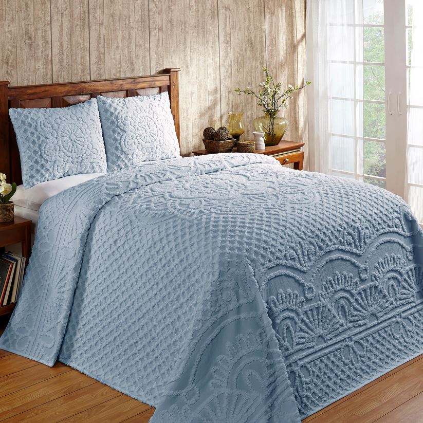 Plow & Hearth articles ménagers ensemble couvre-lit en chenille de coton tufté jeanine avec taies décoratives - bleu - complet 0BNZ2651