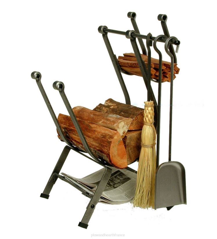 Plow & Hearth accessoires Support à bûches à chargement frontal en acier martelé de fabrication américaine avec jeu de 3 outils 0BNZ2737