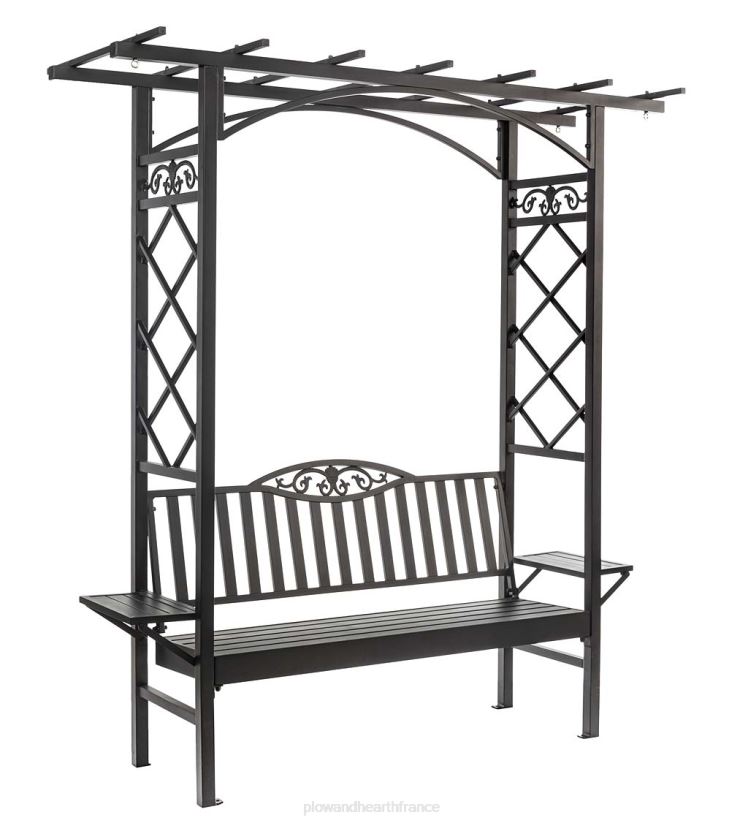 Plow & Hearth cour et jardin Pergola à banc tonnelle en fonte d'aluminium avec tables d'appoint - noir 0BNZ496