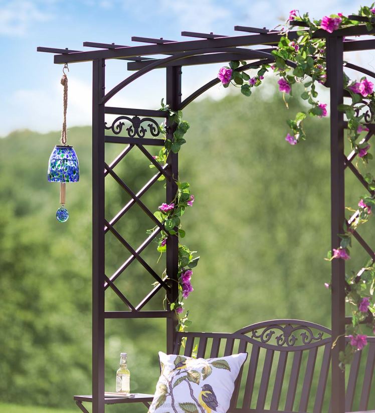 Plow & Hearth cour et jardin Pergola à banc tonnelle en fonte d'aluminium avec tables d'appoint - noir 0BNZ496