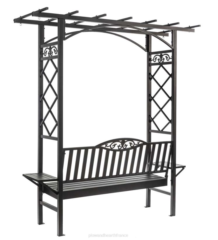 Plow & Hearth cour et jardin Pergola à banc tonnelle en fonte d'aluminium avec tables d'appoint - noir 0BNZ496