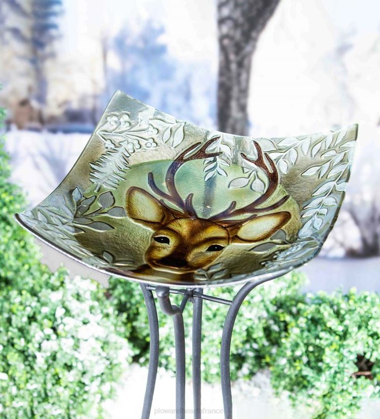 Plow & Hearth cour et jardin bassin de bain d'oiseau en verre de cerf majestueux 0BNZ51