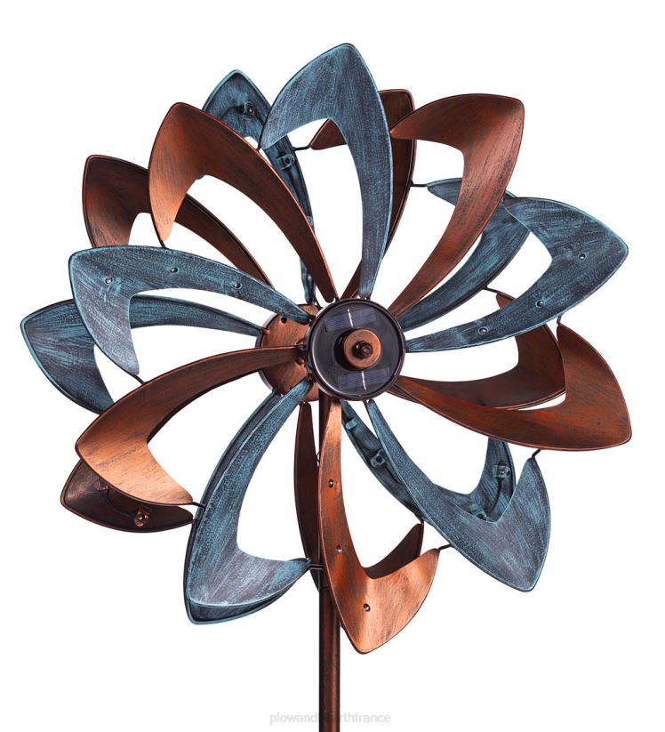 Plow & Hearth cour et jardin Spinner à vent en métal à fleurs à éclairage solaire avec rotors bidirectionnels - cuivre vert-de-gris 0BNZ63