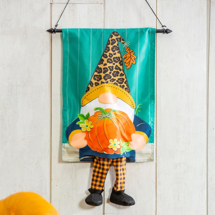 Plow & Hearth cour et jardin gnome d'automne avec drapeau kickin de jardin de citrouilles 0BNZ522