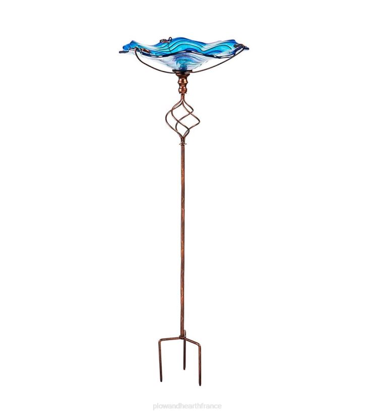 Plow & Hearth cour et jardin Bain d'oiseaux en verre tourbillonnant bleu avec piquet de jardin 0BNZ437