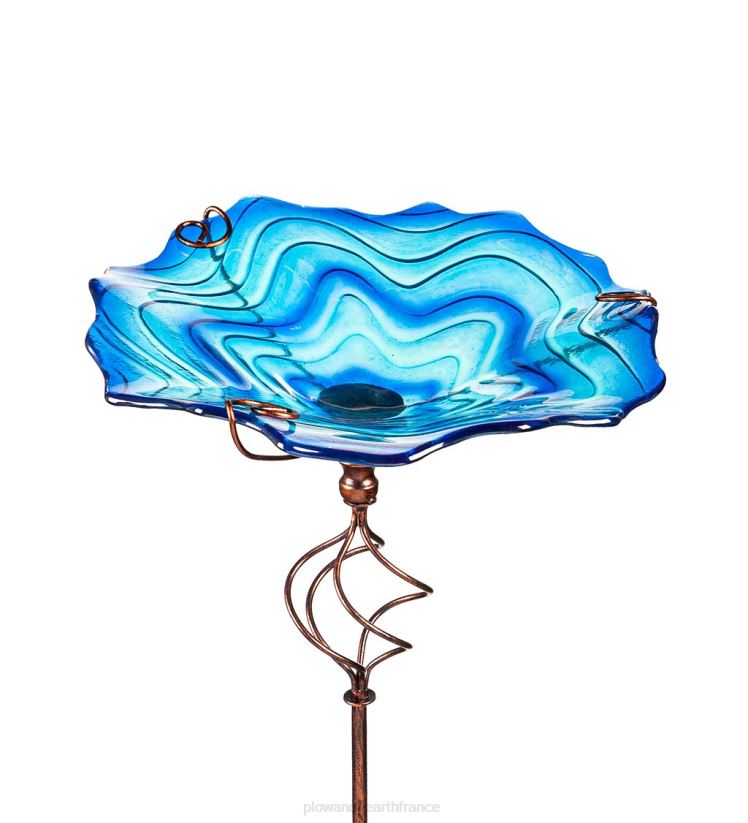 Plow & Hearth cour et jardin Bain d'oiseaux en verre tourbillonnant bleu avec piquet de jardin 0BNZ437