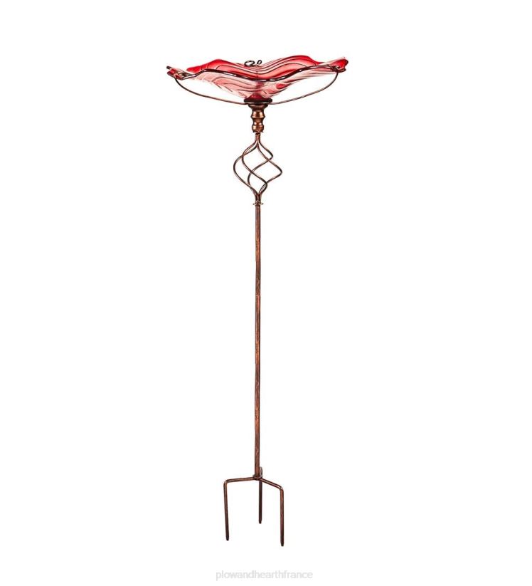 Plow & Hearth cour et jardin Bain d'oiseaux en verre tourbillonnant rouge avec piquet de jardin 0BNZ442