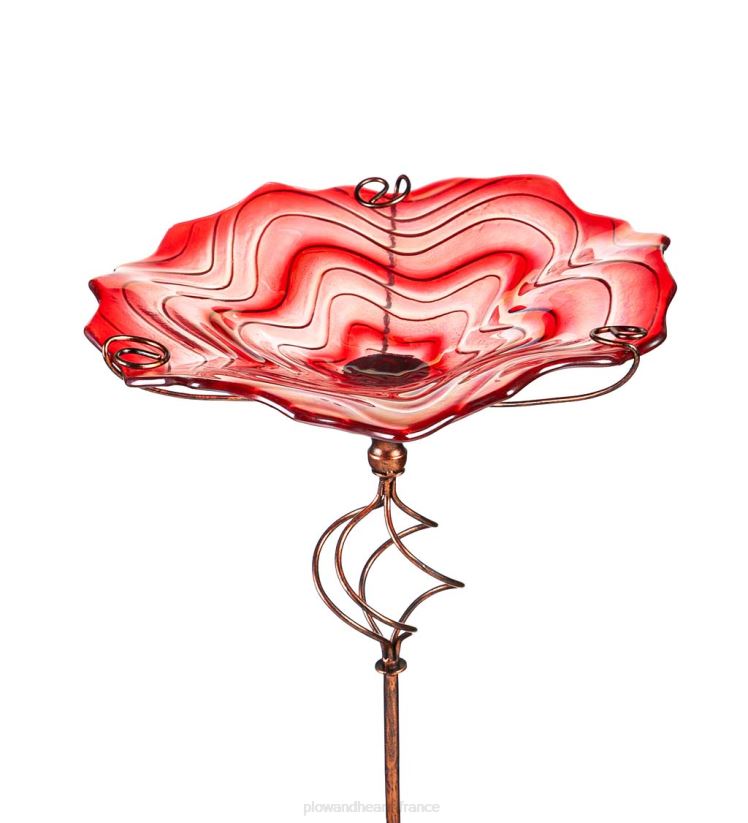 Plow & Hearth cour et jardin Bain d'oiseaux en verre tourbillonnant rouge avec piquet de jardin 0BNZ442
