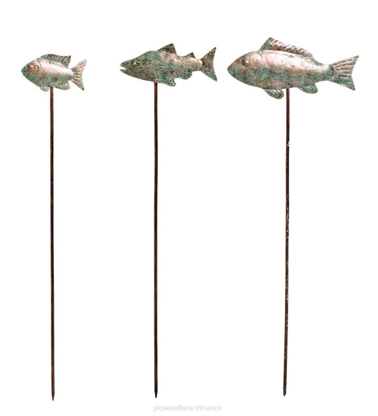 Plow & Hearth cour et jardin piquets de jardin à poissons en métal vert-de-gris, ensemble de 3 0BNZ103