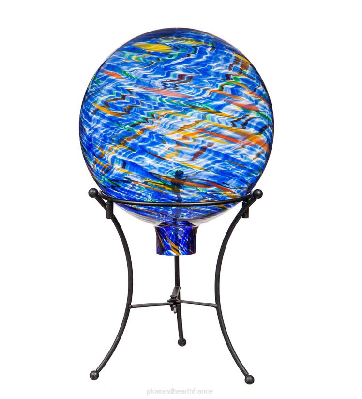 Plow & Hearth cour et jardin Boule d'observation tourbillonnante en verre d'art avec support - bleu royal 0BNZ313