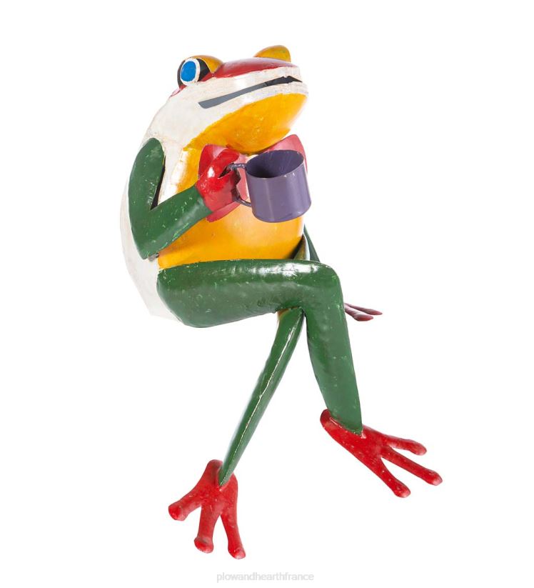 Plow & Hearth cour et jardin latte larry grenouille avec tasse à café statue de jardin en métal 0BNZ250