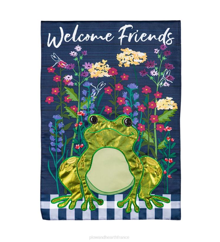 Plow & Hearth cour et jardin drapeau de jardin appliqué grenouille fleur sauvage 0BNZ600