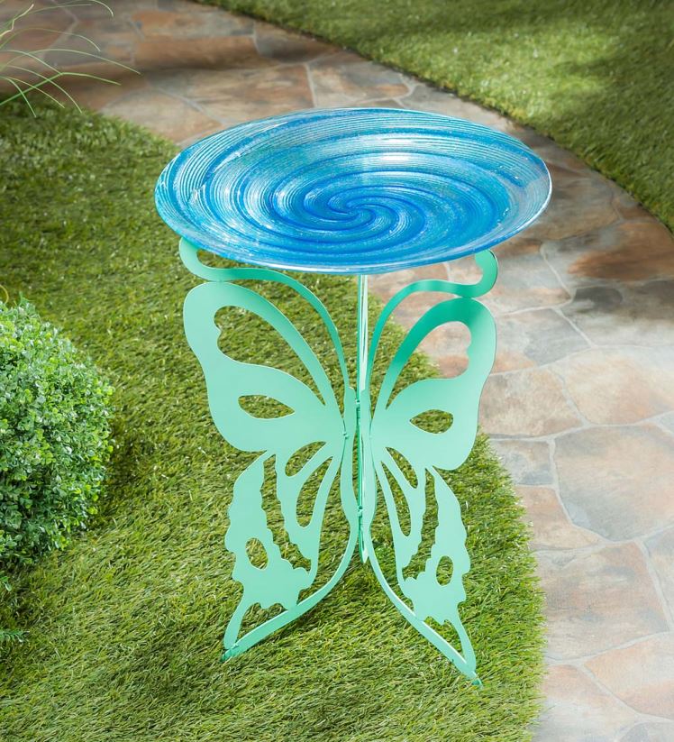 Plow & Hearth cour et jardin Bain d'oiseaux en verre avec support papillon découpé au laser 0BNZ854