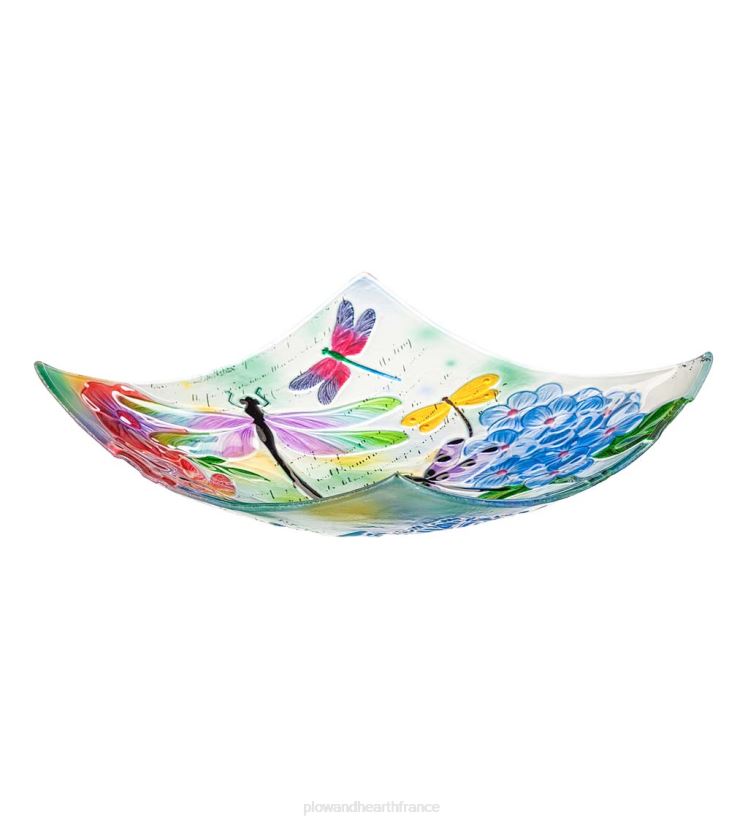 Plow & Hearth cour et jardin bain d'oiseaux libellule et fleurs en verre carré gaufré peint à la main 0BNZ843