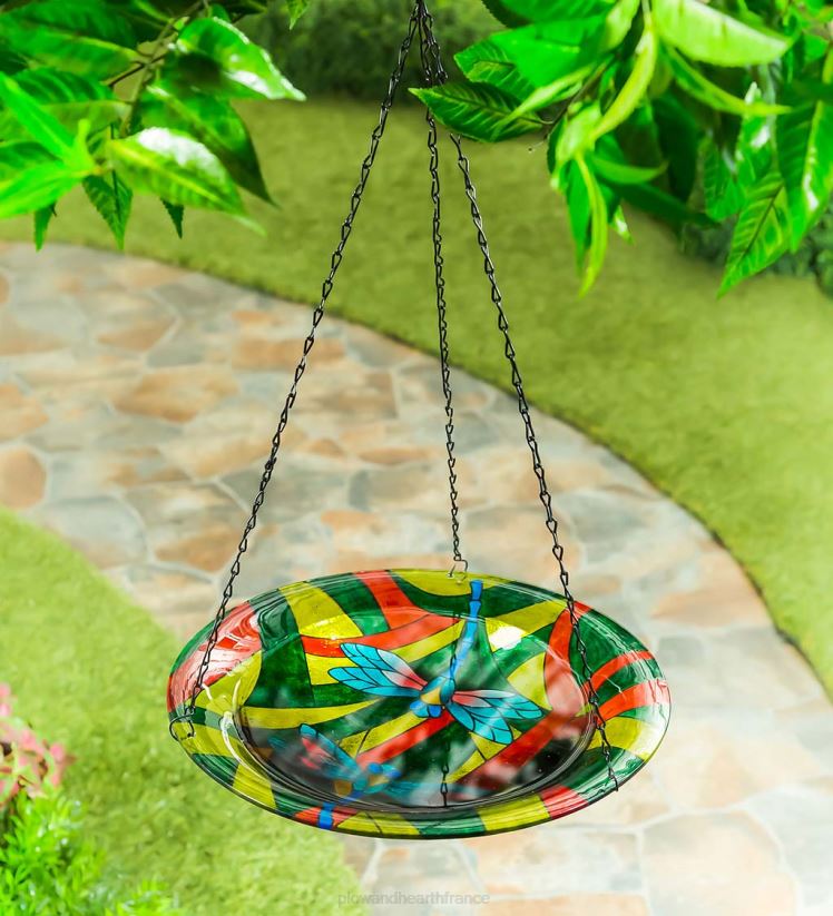 Plow & Hearth cour et jardin bain d'oiseaux à libellules en verre suspendu 0BNZ855