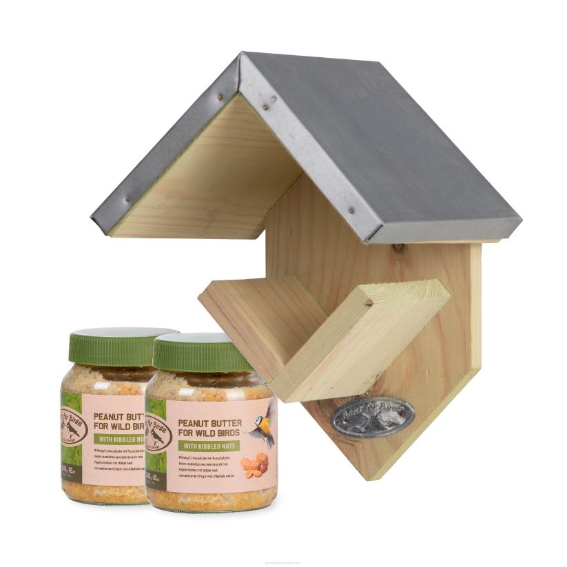 Plow & Hearth cour et jardin Mangeoire pour oiseaux au beurre de cacahuète en bois avec 2 pots de beurre de cacahuète 0BNZ794