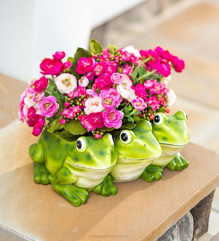 Plow & Hearth cour et jardin Jardinière triplée de grenouilles intérieure/extérieure pour fleurs ou herbes 0BNZ960